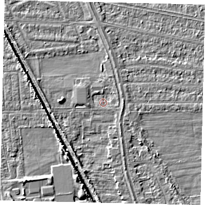 Shaded relief map of the ground around HU67UP, computed from Environment Agency LiDAR. The ground here sits at about 2 m above sea level and falls 5 m across the surrounding 800 m. Surface water reaching this point runs off ground lying to the east-south-east, 1.5 m higher.