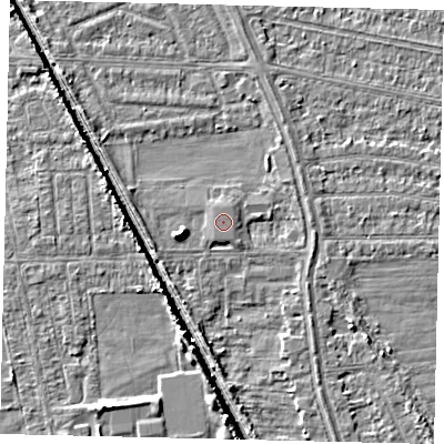 Shaded relief map of the ground around HU67UR, computed from Environment Agency LiDAR. The ground here sits at about 3 m above sea level and falls 5 m across the surrounding 800 m. The ground contributing surface water to this point lies to the south-south-west.