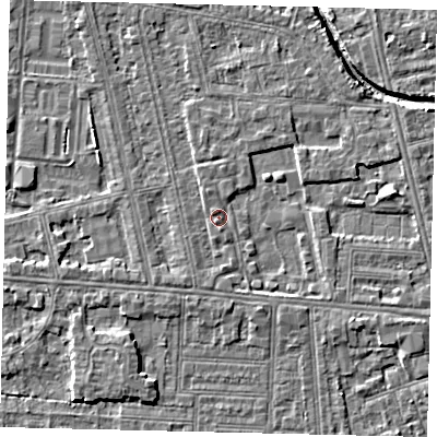 Shaded relief map of the ground around HU67US, computed from Environment Agency LiDAR. The ground here sits at about 2 m above sea level and falls 4 m across the surrounding 800 m. Surface water reaching this point runs off ground lying to the east, 2.2 m higher.