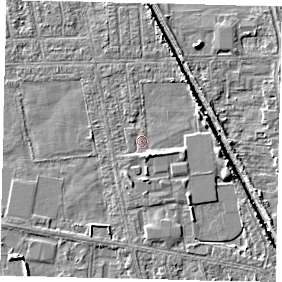 Shaded relief map of the ground around HU67UW, computed from Environment Agency LiDAR. The ground here sits at about 2 m above sea level and falls 5 m across the surrounding 800 m. Surface water reaching this point runs off ground lying to the south-south-east, 2.7 m higher.