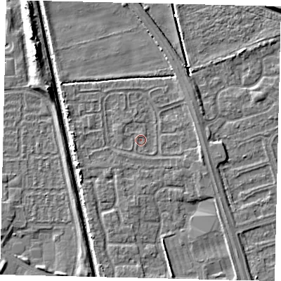 Shaded relief map of the ground around HU67XA, computed from Environment Agency LiDAR. The ground here sits at about 1 m above sea level and falls 6 m across the surrounding 800 m. Surface water reaching this point runs off ground lying to the east-south-east, 2.3 m higher.