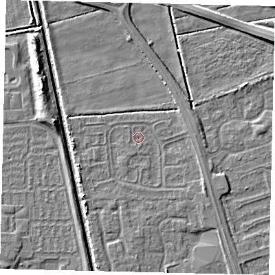 Shaded relief map of the ground around HU67XB, computed from Environment Agency LiDAR. The ground here sits at about 1 m above sea level and falls 6 m across the surrounding 800 m. Surface water reaching this point runs off ground lying to the south-south-west, 0.7 m higher.