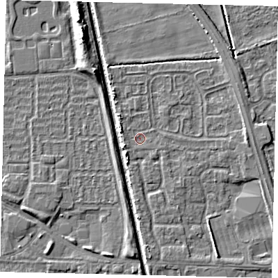 Shaded relief map of the ground around HU67XD, computed from Environment Agency LiDAR. The ground here sits at about 2 m above sea level and falls 6 m across the surrounding 800 m. Surface water reaching this point runs off ground lying to the east, 2.8 m higher.