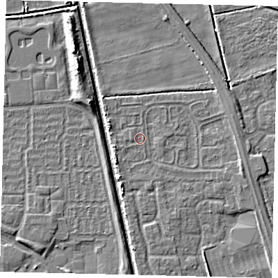 Shaded relief map of the ground around HU67XE, computed from Environment Agency LiDAR. The ground here sits at about 1 m above sea level and falls 6 m across the surrounding 800 m. Surface water reaching this point runs off ground lying to the east-south-east, 2.3 m higher.