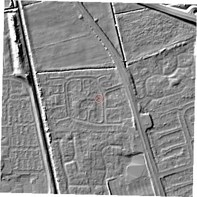 Shaded relief map of the ground around HU67XF, computed from Environment Agency LiDAR. The ground here sits at about 1 m above sea level and falls 7 m across the surrounding 800 m. Surface water reaching this point runs off ground lying to the south-east, 2.3 m higher.