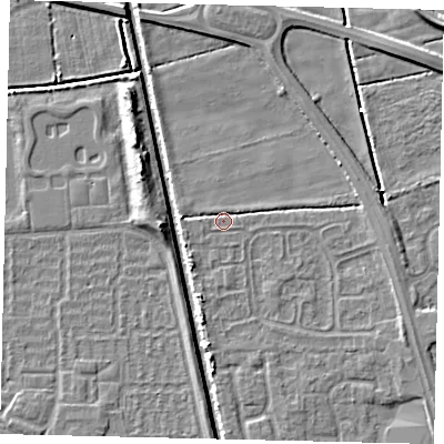 Shaded relief map of the ground around HU67XH, computed from Environment Agency LiDAR. The ground here sits at about 1 m above sea level and falls 6 m across the surrounding 800 m. Surface water reaching this point runs off ground lying to the east-south-east, 2.4 m higher.