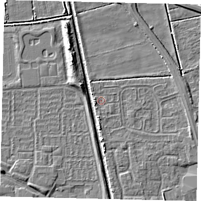 Shaded relief map of the ground around HU67XJ, computed from Environment Agency LiDAR. The ground here sits at about 1 m above sea level and falls 6 m across the surrounding 800 m. Surface water reaching this point runs off ground lying to the east-south-east, 2.4 m higher.
