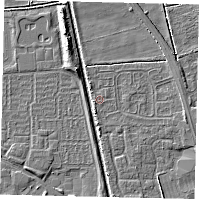 Shaded relief map of the ground around HU67XL, computed from Environment Agency LiDAR. The ground here sits at about 2 m above sea level and falls 6 m across the surrounding 800 m. Surface water reaching this point runs off ground lying to the east-south-east, 2.3 m higher.
