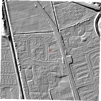 Shaded relief map of the ground around HU67XN, computed from Environment Agency LiDAR. The ground here sits at about 2 m above sea level and falls 7 m across the surrounding 800 m. Surface water reaching this point runs off ground lying to the south-east, 2.3 m higher.