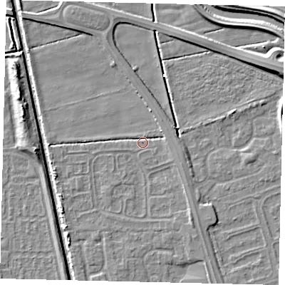 Shaded relief map of the ground around HU67XQ, computed from Environment Agency LiDAR. The ground here sits at about 2 m above sea level and falls 7 m across the surrounding 800 m. Surface water reaching this point runs off ground lying to the east, 2.5 m higher.
