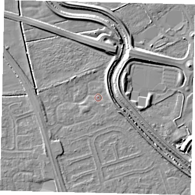Shaded relief map of the ground around HU67YB, computed from Environment Agency LiDAR. The ground here sits at about 2 m above sea level and falls 7 m across the surrounding 800 m. Surface water reaching this point runs off ground lying to the east-north-east, 3.3 m higher.