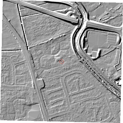 Shaded relief map of the ground around HU67YG, computed from Environment Agency LiDAR. The ground here sits at about 2 m above sea level and falls 7 m across the surrounding 800 m. Surface water reaching this point runs off ground lying to the east, 3.0 m higher.
