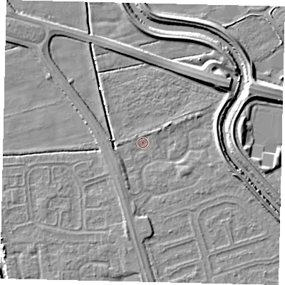 Shaded relief map of the ground around HU67YJ, computed from Environment Agency LiDAR. The ground here sits at about 2 m above sea level and falls 7 m across the surrounding 800 m. Surface water reaching this point runs off ground lying to the north-east, 2.2 m higher.