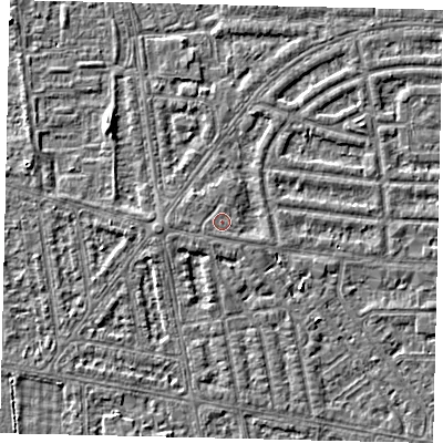 Shaded relief map of the ground around HU68AA, computed from Environment Agency LiDAR. The ground here sits at about 3 m above sea level and falls 3 m across the surrounding 800 m. Surface water reaching this point runs off ground lying to the west-south-west, 0.6 m higher.