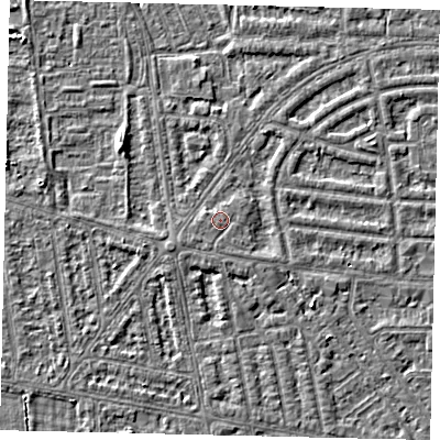 Shaded relief map of the ground around HU68AB, computed from Environment Agency LiDAR. The ground here sits at about 3 m above sea level and falls 3 m across the surrounding 800 m. The ground contributing surface water to this point lies to the south.