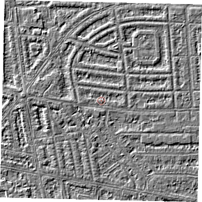 Shaded relief map of the ground around HU68AD, computed from Environment Agency LiDAR. The ground here sits at about 2 m above sea level and falls 3 m across the surrounding 800 m. Surface water reaching this point runs off ground lying to the south-south-west, 1.9 m higher.