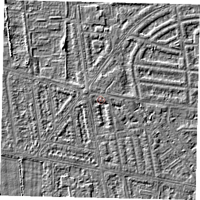 Shaded relief map of the ground around HU68AJ, computed from Environment Agency LiDAR. The ground here sits at about 3 m above sea level and falls 3 m across the surrounding 800 m. Surface water reaching this point runs off ground lying to the east-north-east, 1.5 m higher.