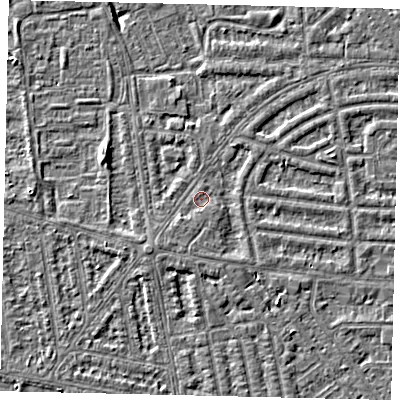 Shaded relief map of the ground around HU68AL, computed from Environment Agency LiDAR. The ground here sits at about 2 m above sea level and falls 5 m across the surrounding 800 m. Surface water reaching this point runs off ground lying to the south-west, 1.1 m higher.