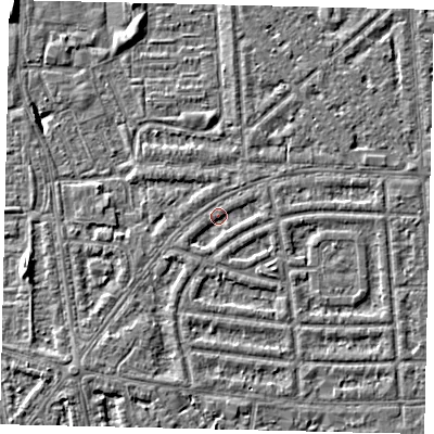 Shaded relief map of the ground around HU68AN, computed from Environment Agency LiDAR. The ground here sits at about 2 m above sea level and falls 5 m across the surrounding 800 m. Surface water reaching this point runs off ground lying to the south-east, 1.6 m higher.