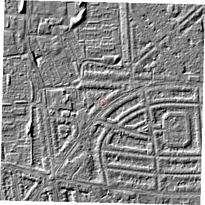 Shaded relief map of the ground around HU68AP, computed from Environment Agency LiDAR. The ground here sits at about 2 m above sea level and falls 5 m across the surrounding 800 m. Surface water reaching this point runs off ground lying to the south-south-west, 1.8 m higher.