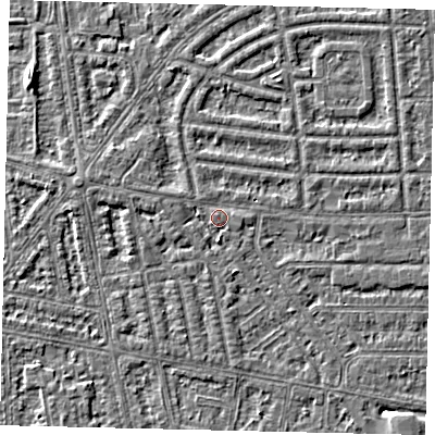 Shaded relief map of the ground around HU68AQ, computed from Environment Agency LiDAR. The ground here sits at about 2 m above sea level and falls 4 m across the surrounding 800 m. Surface water reaching this point runs off ground lying to the south, 1.6 m higher.