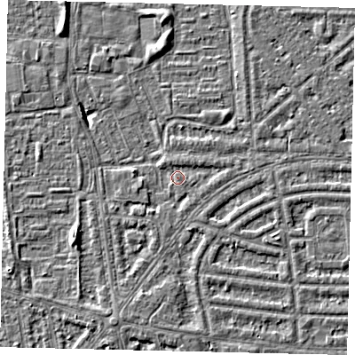Shaded relief map of the ground around HU68AR, computed from Environment Agency LiDAR. The ground here sits at about 2 m above sea level and falls 5 m across the surrounding 800 m. Surface water reaching this point runs off ground lying to the south-south-west, 1.8 m higher.