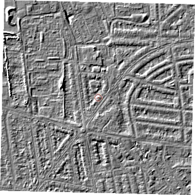 Shaded relief map of the ground around HU68AS, computed from Environment Agency LiDAR. The ground here sits at about 2 m above sea level and falls 5 m across the surrounding 800 m. Surface water reaching this point runs off ground lying to the south-south-west, 1.2 m higher.