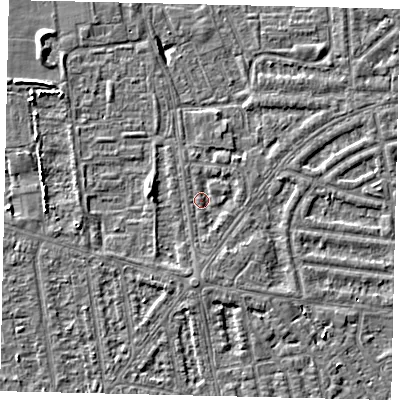 Shaded relief map of the ground around HU68AT, computed from Environment Agency LiDAR. The ground here sits at about 2 m above sea level and falls 5 m across the surrounding 800 m. Surface water reaching this point runs off ground lying to the south, 1.2 m higher.