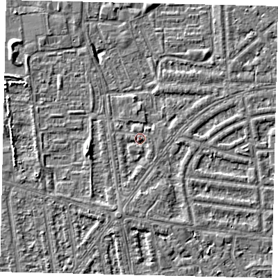 Shaded relief map of the ground around HU68AU, computed from Environment Agency LiDAR. The ground here sits at about 2 m above sea level and falls 5 m across the surrounding 800 m. Surface water reaching this point runs off ground lying to the south-south-west, 1.2 m higher.