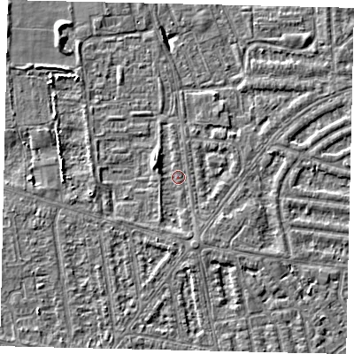 Shaded relief map of the ground around HU68AX, computed from Environment Agency LiDAR. The ground here sits at about 2 m above sea level and falls 5 m across the surrounding 800 m. Surface water reaching this point runs off ground lying to the south, 1.2 m higher.