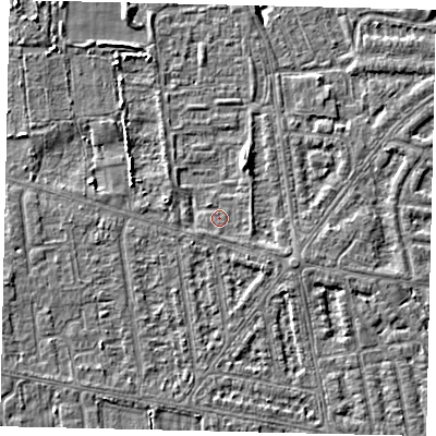 Shaded relief map of the ground around HU68AY, computed from Environment Agency LiDAR. The ground here sits at about 2 m above sea level and falls 5 m across the surrounding 800 m. Surface water reaching this point runs off ground lying to the west-south-west, 1.8 m higher.