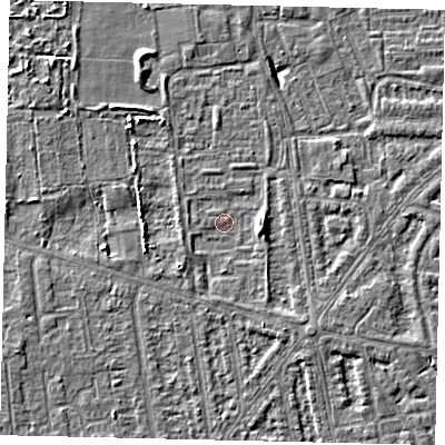 Shaded relief map of the ground around HU68AZ, computed from Environment Agency LiDAR. The ground here sits at about 2 m above sea level and falls 5 m across the surrounding 800 m. Surface water reaching this point runs off ground lying to the east, 2.9 m higher.