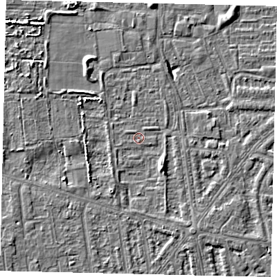 Shaded relief map of the ground around HU68BA, computed from Environment Agency LiDAR. The ground here sits at about 2 m above sea level and falls 5 m across the surrounding 800 m. Surface water reaching this point runs off ground lying to the south-east, 2.9 m higher.