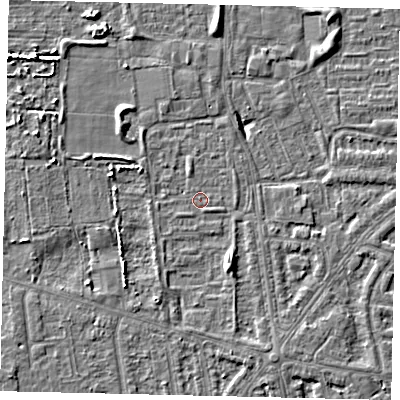 Shaded relief map of the ground around HU68BB, computed from Environment Agency LiDAR. The ground here sits at about 2 m above sea level and falls 5 m across the surrounding 800 m. Surface water reaching this point runs off ground lying to the south-south-east, 2.9 m higher.