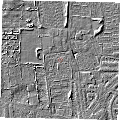 Shaded relief map of the ground around HU68BG, computed from Environment Agency LiDAR. The ground here sits at about 2 m above sea level and falls 5 m across the surrounding 800 m. Surface water reaching this point runs off ground lying to the south-south-east, 2.9 m higher.