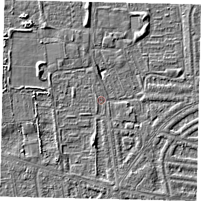 Shaded relief map of the ground around HU68BH, computed from Environment Agency LiDAR. The ground here sits at about 1 m above sea level and falls 5 m across the surrounding 800 m. Surface water reaching this point runs off ground lying to the south, 2.3 m higher.