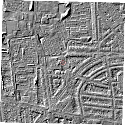 Shaded relief map of the ground around HU68BJ, computed from Environment Agency LiDAR. The ground here sits at about 1 m above sea level and falls 5 m across the surrounding 800 m. Surface water reaching this point runs off ground lying to the south-south-west, 1.8 m higher.