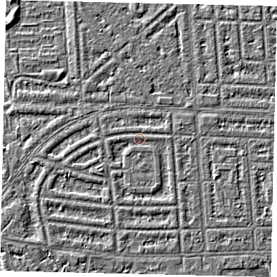 Shaded relief map of the ground around HU68BS, computed from Environment Agency LiDAR. The ground here sits at about 2 m above sea level and falls 2 m across the surrounding 800 m. Surface water reaching this point runs off ground lying to the south-west, 1.5 m higher.