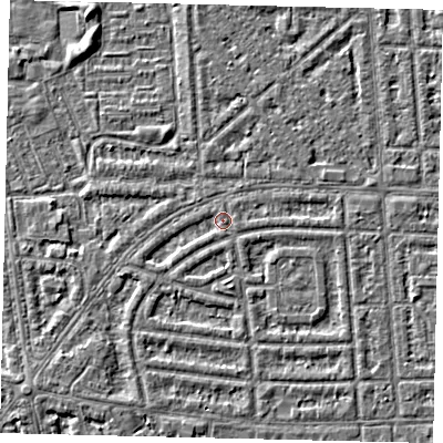 Shaded relief map of the ground around HU68BT, computed from Environment Agency LiDAR. The ground here sits at about 2 m above sea level and falls 2 m across the surrounding 800 m. Surface water reaching this point runs off ground lying to the south, 1.6 m higher.
