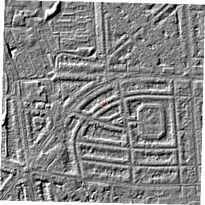 Shaded relief map of the ground around HU68BU, computed from Environment Agency LiDAR. The ground here sits at about 2 m above sea level and falls 5 m across the surrounding 800 m. Surface water reaching this point runs off ground lying to the south-east, 1.6 m higher.
