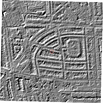 Shaded relief map of the ground around HU68BY, computed from Environment Agency LiDAR. The ground here sits at about 2 m above sea level and falls 4 m across the surrounding 800 m. Surface water reaching this point runs off ground lying to the south-south-east, 1.1 m higher.
