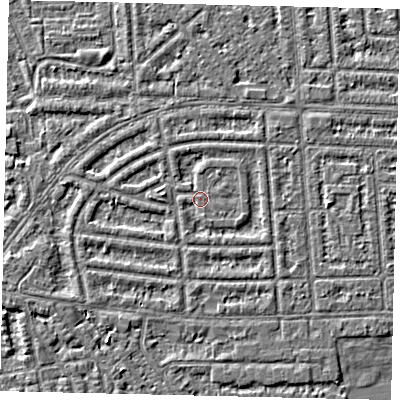 Shaded relief map of the ground around HU68DA, computed from Environment Agency LiDAR. The ground here sits at about 2 m above sea level and falls 3 m across the surrounding 800 m. Surface water reaching this point runs off ground lying to the west, 1.4 m higher.