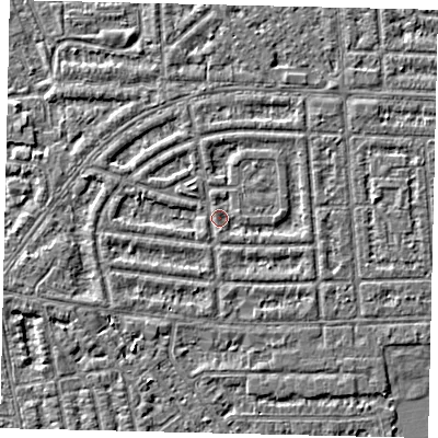 Shaded relief map of the ground around HU68DB, computed from Environment Agency LiDAR. The ground here sits at about 2 m above sea level and falls 3 m across the surrounding 800 m. Surface water reaching this point runs off ground lying to the south, 1.1 m higher.