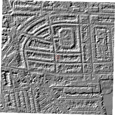 Shaded relief map of the ground around HU68DD, computed from Environment Agency LiDAR. The ground here sits at about 2 m above sea level and falls 3 m across the surrounding 800 m. Surface water reaching this point runs off ground lying to the east-south-east, 0.8 m higher.