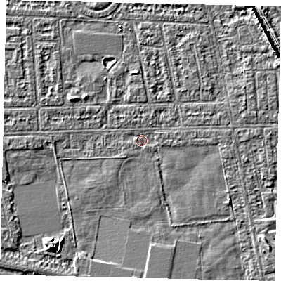 Shaded relief map of the ground around HU68DF, computed from Environment Agency LiDAR. The ground here sits at about 2 m above sea level and falls 6 m across the surrounding 800 m. Surface water reaching this point runs off ground lying to the north, 1.7 m higher.