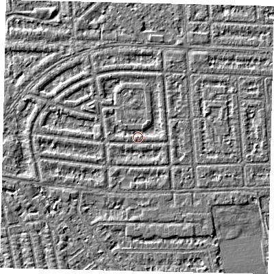 Shaded relief map of the ground around HU68DG, computed from Environment Agency LiDAR. The ground here sits at about 2 m above sea level and falls 3 m across the surrounding 800 m. Surface water reaching this point runs off ground lying to the west-south-west, 1.0 m higher.