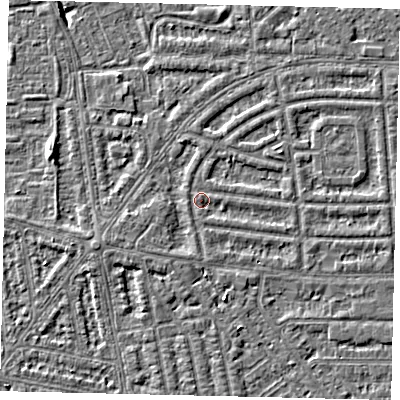Shaded relief map of the ground around HU68DH, computed from Environment Agency LiDAR. The ground here sits at about 2 m above sea level and falls 5 m across the surrounding 800 m. Surface water reaching this point runs off ground lying to the east-south-east, 0.9 m higher.
