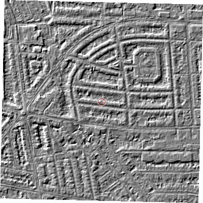 Shaded relief map of the ground around HU68DJ, computed from Environment Agency LiDAR. The ground here sits at about 2 m above sea level and falls 3 m across the surrounding 800 m. Surface water reaching this point runs off ground lying to the west-south-west, 0.7 m higher.