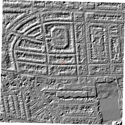 Shaded relief map of the ground around HU68DL, computed from Environment Agency LiDAR. The ground here sits at about 2 m above sea level and falls 4 m across the surrounding 800 m. Surface water reaching this point runs off ground lying to the west, 1.0 m higher.