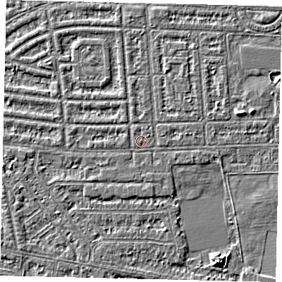 Shaded relief map of the ground around HU68DN, computed from Environment Agency LiDAR. The ground here sits at about 2 m above sea level and falls 6 m across the surrounding 800 m. Surface water reaching this point runs off ground lying to the north-north-west, 0.6 m higher.